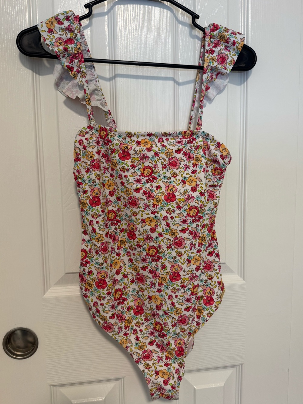 Wallflower Floral Ruffle Strap One-Piece Swim Suit - White with Colorful Flowers
